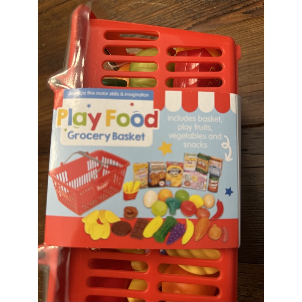 New Play Right Play Food Grocery Basket 42 Pieces Fruits Veggies Snacks 3+